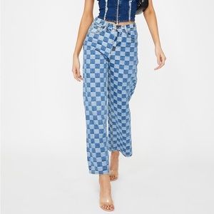 Denim Checkerboard Wide Leg Jeans